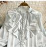 Vintage Solide Blusen Damen Elegant Acetat Satin Stehkragen Trompetenärmel Design Neu Schick Süß Locker Rüschen Weibliche Oberteile