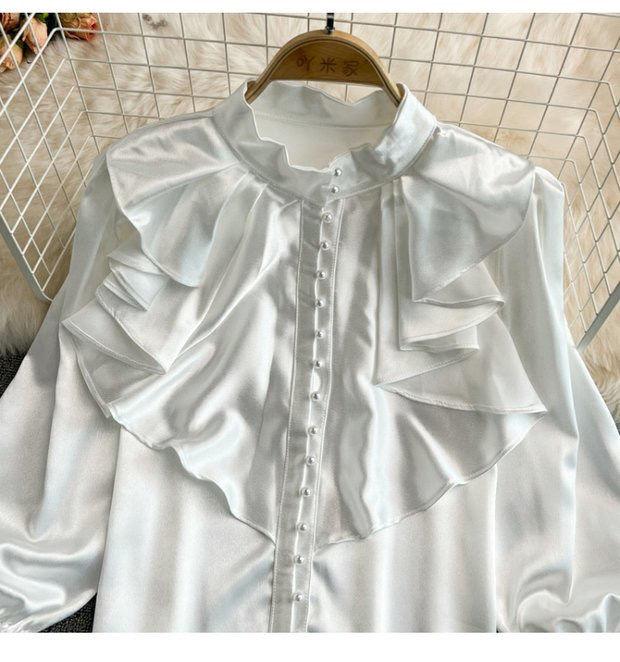 Vintage Solid Blouses Women Elegant Acetate Satin Stand Collar Flare Sleeve Design New Chic Sweet Loose Ruffles Female  Tops