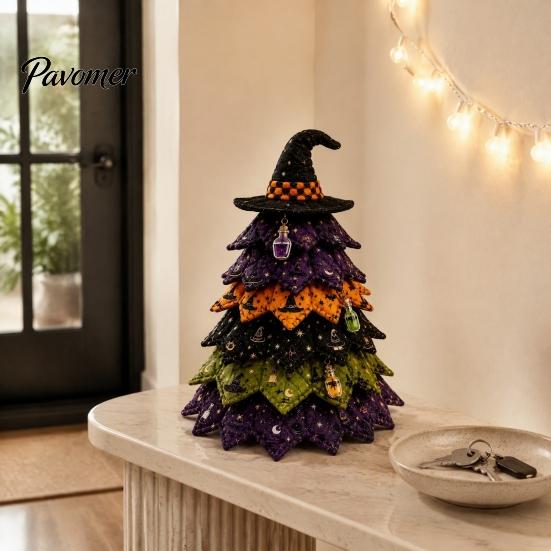 Halloween Theme Interior Decor Wooden Tree Ornament, 2D Flat Quilted Fabric Style Desktop Double Table Decorations Side Wood Sign for Home Party