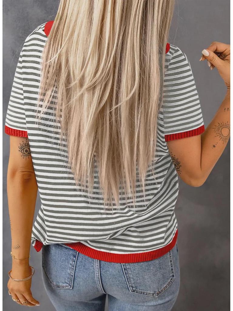 2025 Striped Contrast Knit Sweater: European/American Style, Drop Shoulder, Short Sleeve Top