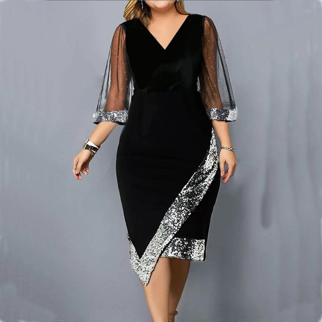 Damen V-Ausschnitt Langarm Figurbetont Midi-Kleid Pailletten Netz Unregelmäßiges Kleid