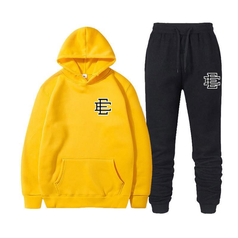 Unisex Casual Hooded Fleece-Lined Sweatshirt Pants Set Sporty Solid Color Outfit Fall