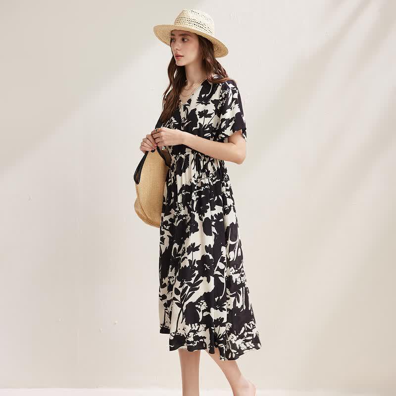 Zhaojun Silk Blend Printed Short-Sleeve Midi Dress