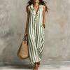 Mouweloze Gestreepte Maxi Jurk met Ruches V-hals Losse Pasvorm Lange Jurk voor Dames Casual Zomer Strandkleding Zomerjurk