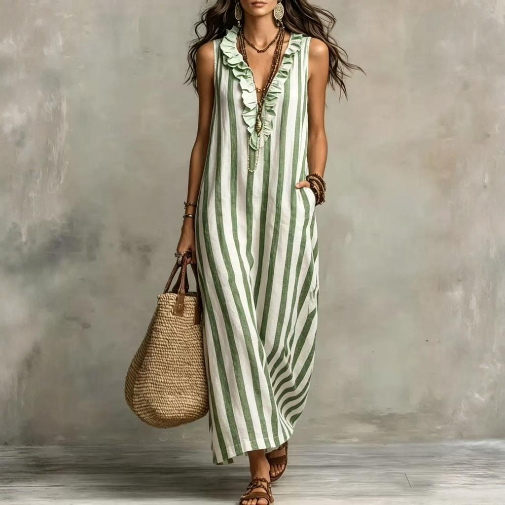 Mouweloze Gestreepte Maxi Jurk met Ruches V-hals Losse Pasvorm Lange Jurk voor Dames Casual Zomer Strandkleding Zomerjurk