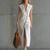 Vintage Western Lapel Dress Asymmetrical Button Front White Split A-line