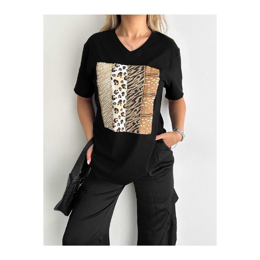 Tricou negru de damă, cu decolteu în V, brodat cu paiete, 100% bumbac