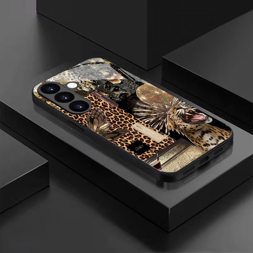 Leopard Print Design Tempered Glass Phone Case Suitable for Samsung Galaxy S26 S25 S24 S23 S22 S21 S20 FE/Ultra/Plus Anti Drop