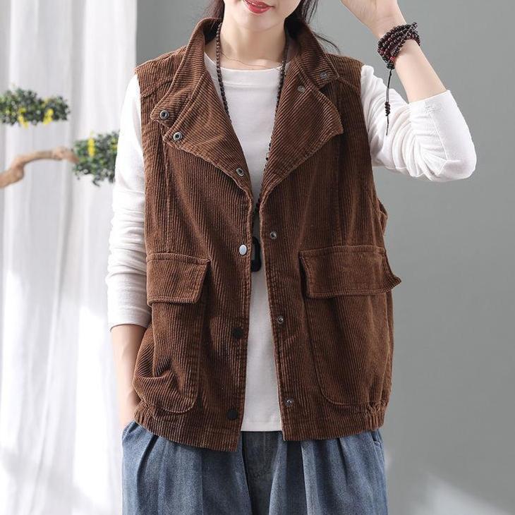 Gilet Vintage in Velluto a Coste con Collo Alto da Donna Gilet Giacca Versatile a Spalla in Velluto a Righe a Colore Solido Largo