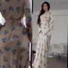 2025 Summer Women's European Floral Print Waist-Cinching Flare Sleeve Maxi Dress