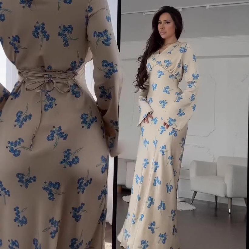 2025 Summer Women's European Floral Print Waist-Cinching Flare Sleeve Maxi Dress