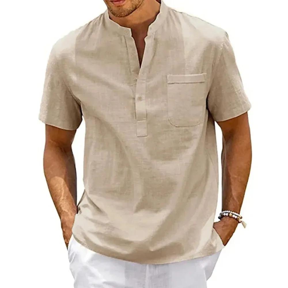 Camisa de Lino Algodón Hombre Cuello Henley Bolsillo Casual Playa Manga Corta Color Sólido Tops Camisetas Vintage Streetwear