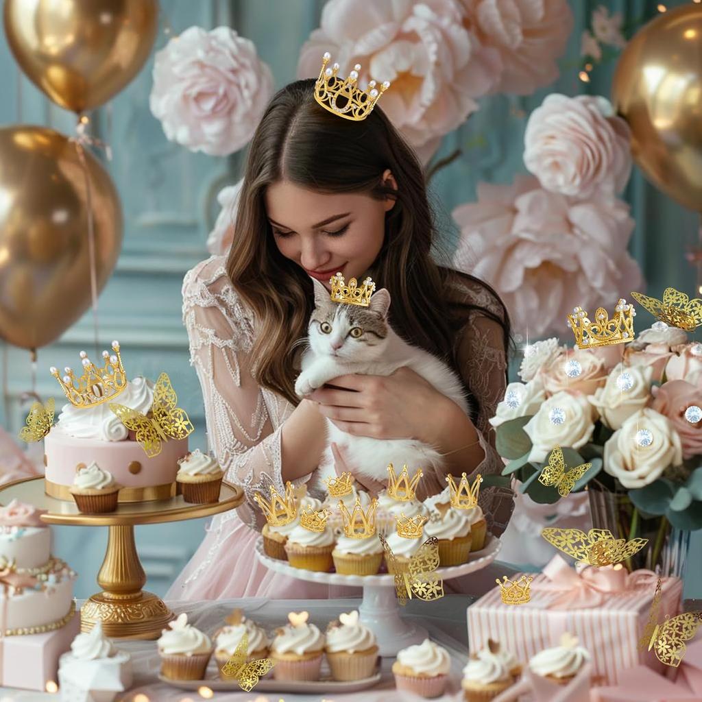 51 PCS Gold Crowns for Flower Bouquets Flower Bouquet Accessories Including 15 PCS Bouquet Crown 36 PCS Butterfly Decorations and 50 Pcs Flower Pins