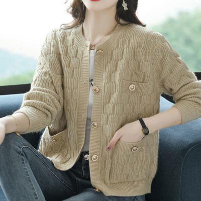 Modische einreihige, gestrickte, solide, kurze Pulloverjacke für Damen im Herbst, Strickjacke, Pulloverjacke, lockeres Strick-Cardigan-Oberteil