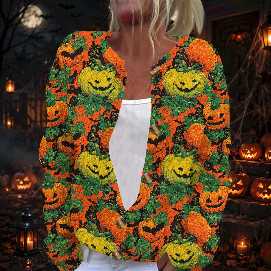 Women's Halloween Print Long Sleeve Knit Cardigan Button Front