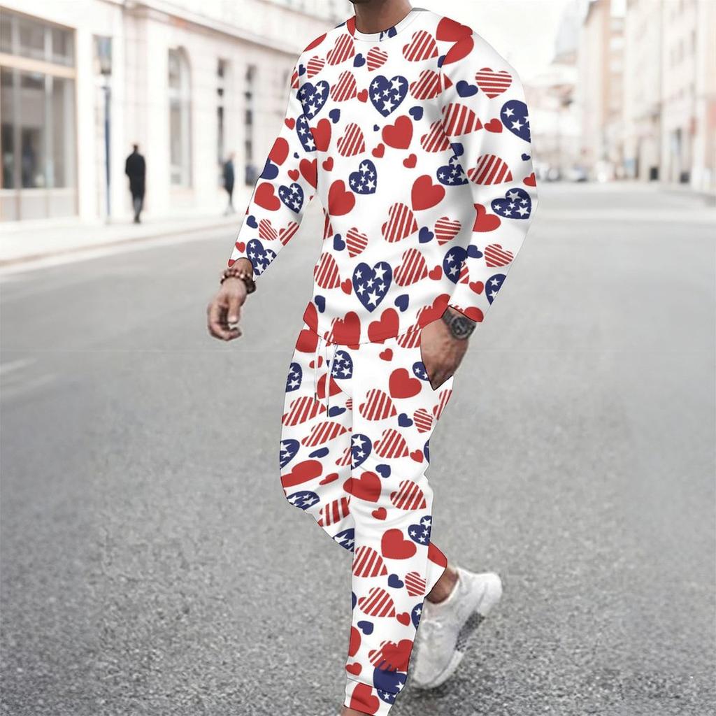 Men All Over Butterfly Floral American Flag Print Long Sleeve Sweatshirt And Drawstring Jogger Pants Two Piece Suit