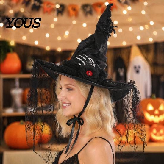 Theater Stage Performance Gear Halloween Witch Hat for Women, Gothic Spider Web Mesh Skeleton Hand Rose Flower Wizard Costume, Cosplay Party Princess