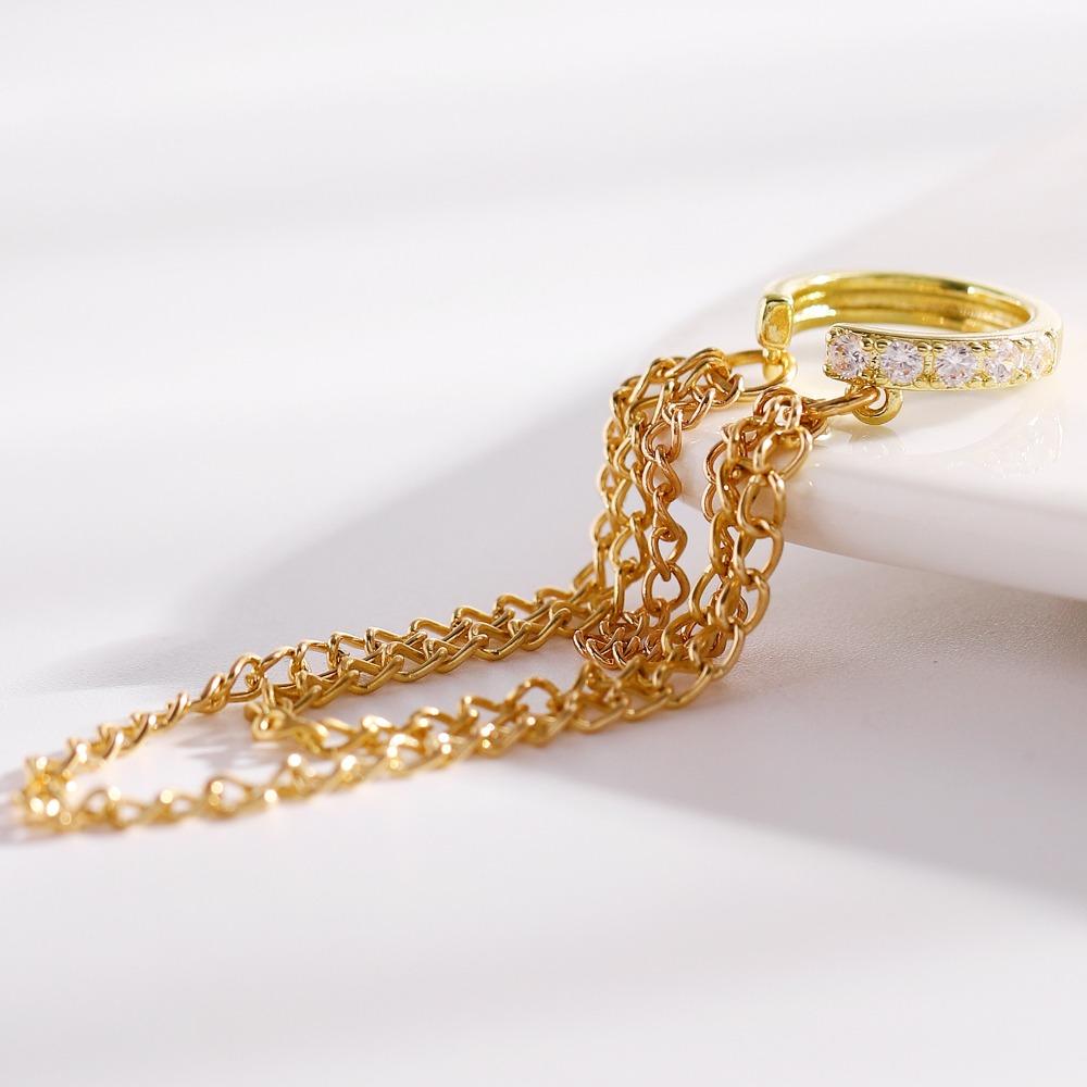 Temperament No Ear Piercings Long Tassel Chain Micro-inlay Zircon Clip Earrings for Women Trendy Punk Gold Tone Ear Cuff Jewelry