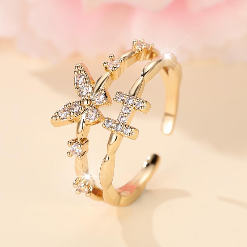

Двухслойные циркониевые бабочки 26 букв открытые кольца для женщин золотого цвета регулируемое кольцо палец ювелирные изделия свадебный подарок H золотой