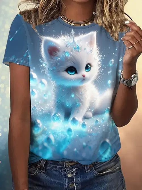 Summer Cute Cat Graphic Flower 3D Print T-Shirts Women Casual O-Neck Short Sleeve T Shirt Harajuku Y2k Tees Tops Female Clothing