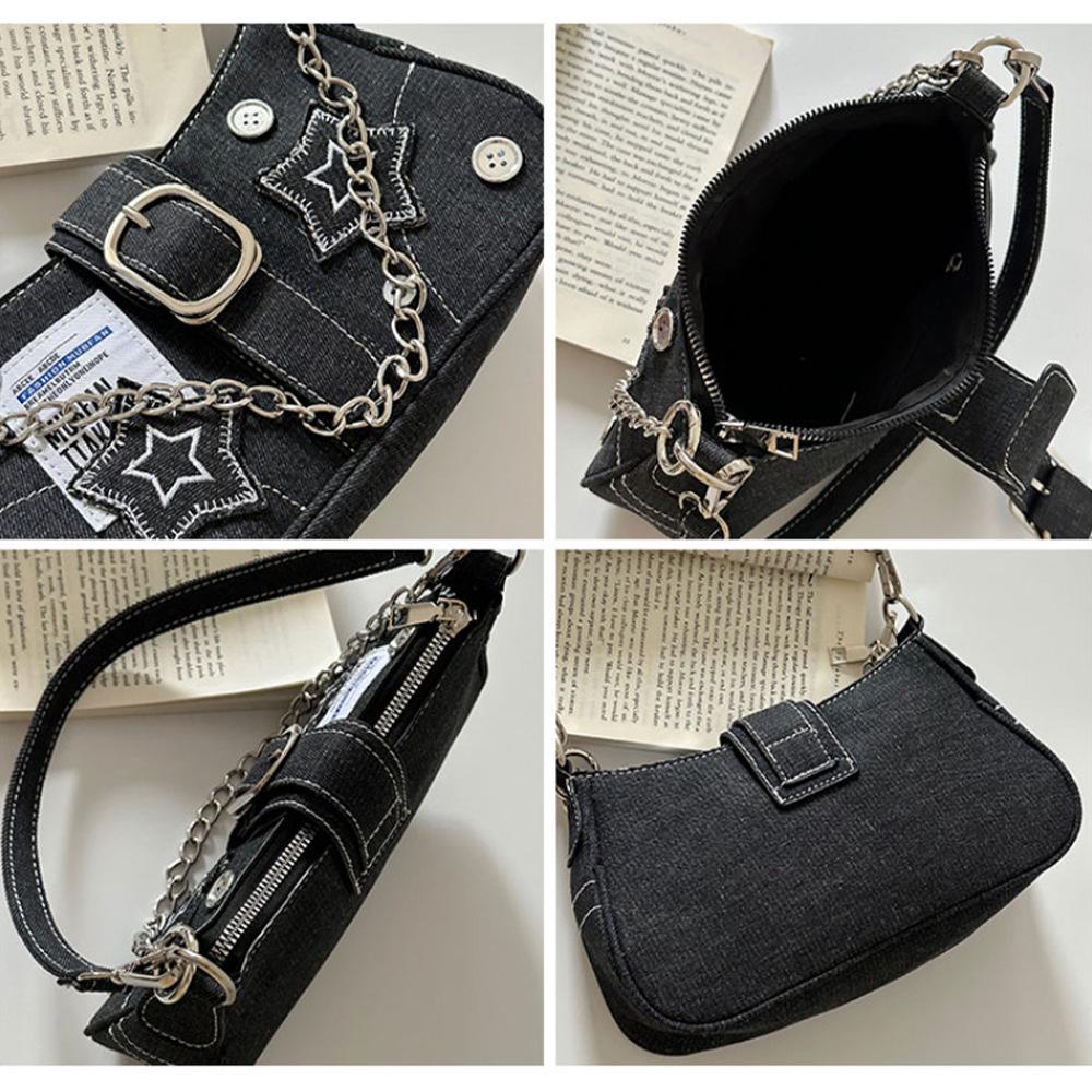 Y2K Millennial Star Denim Underarm Bag with Button Decor, Trendy Embroidered Canvas Tote