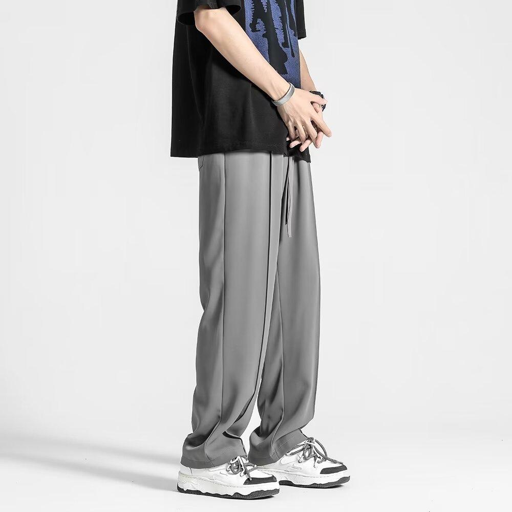 

Ice silk pants men s summer thin drape wide-leg trousers loose straight casual trousers 3XL серый