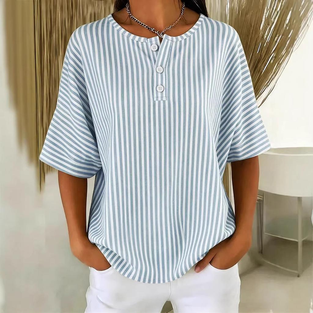 Blusa a righe a maniche corte con scollo rotondo e bottoni sul davanti, top casual ampio per l'uso quotidiano