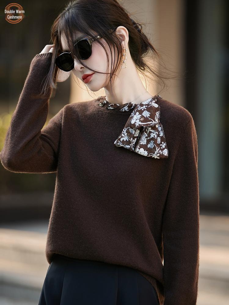 Women's Silk Bowknot Knitwear: Stylish 100% Wool Fine Knit Scarf & Base Layer Top