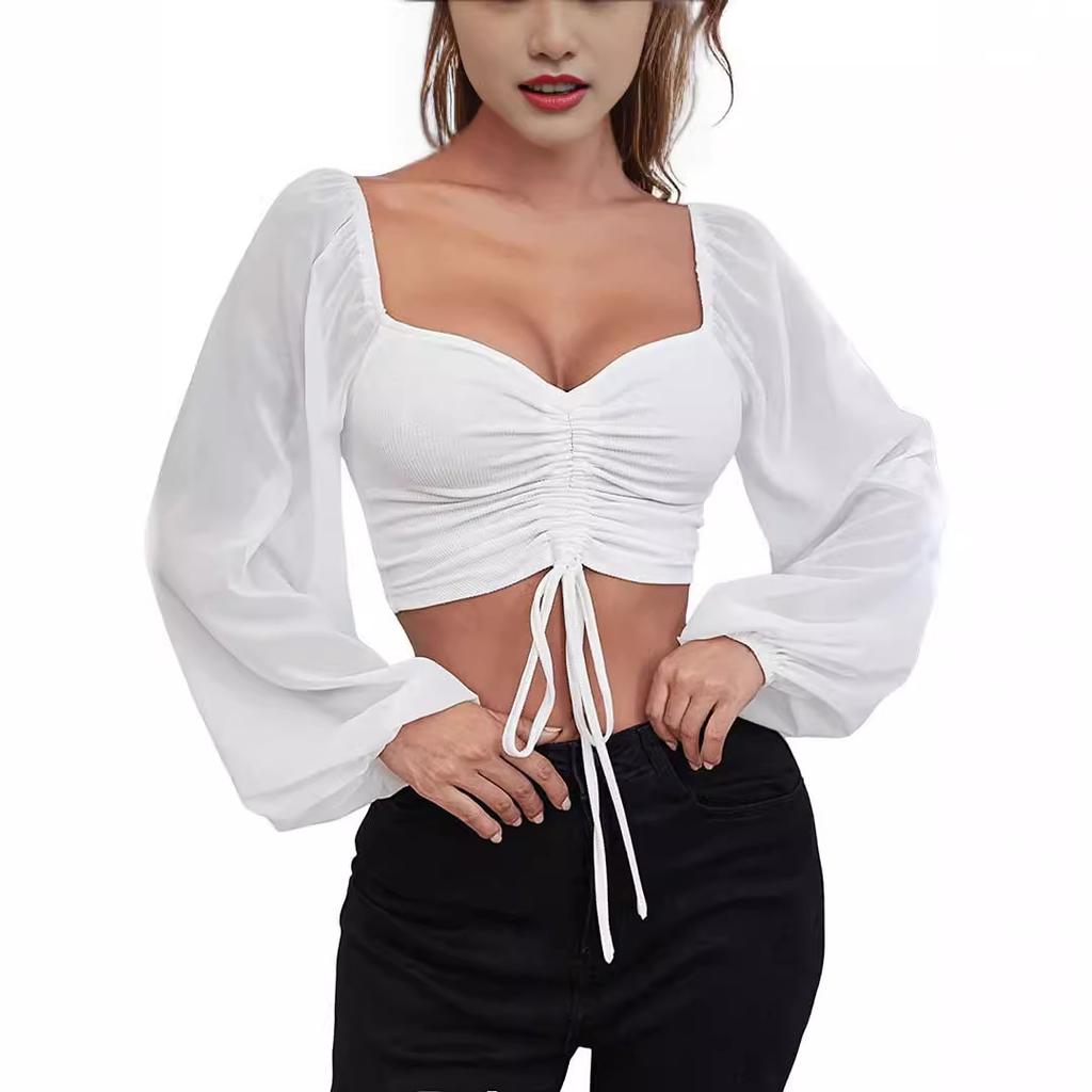 Women's Summer New V-neck Chiffon Drawstring Lantern Sleeve Tight Fashion Sexy Shirt Top