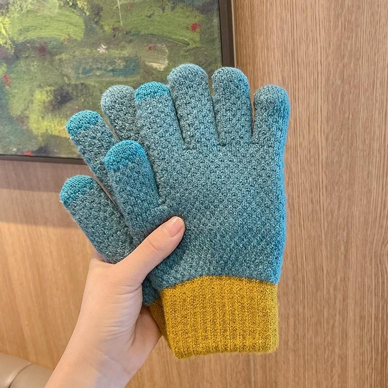 Winter Women's Cute Woolen Knitted Plus Velvet Contrasting Color Five Finger Cycling Warm and Thickened Windproof and Cold Proof Cycling Men's