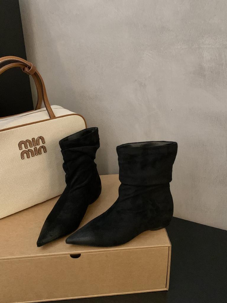 French pointed head polished color inner fold thin short boots women's autumn and winter new retro pleated stacked short bare boots