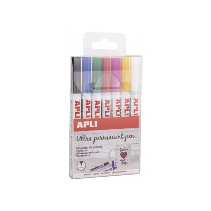 Marqueurs permanents - Apli - Set de 7 - Pointes fines 1-2mm - Encre à base d'huile - Couleurs assorties