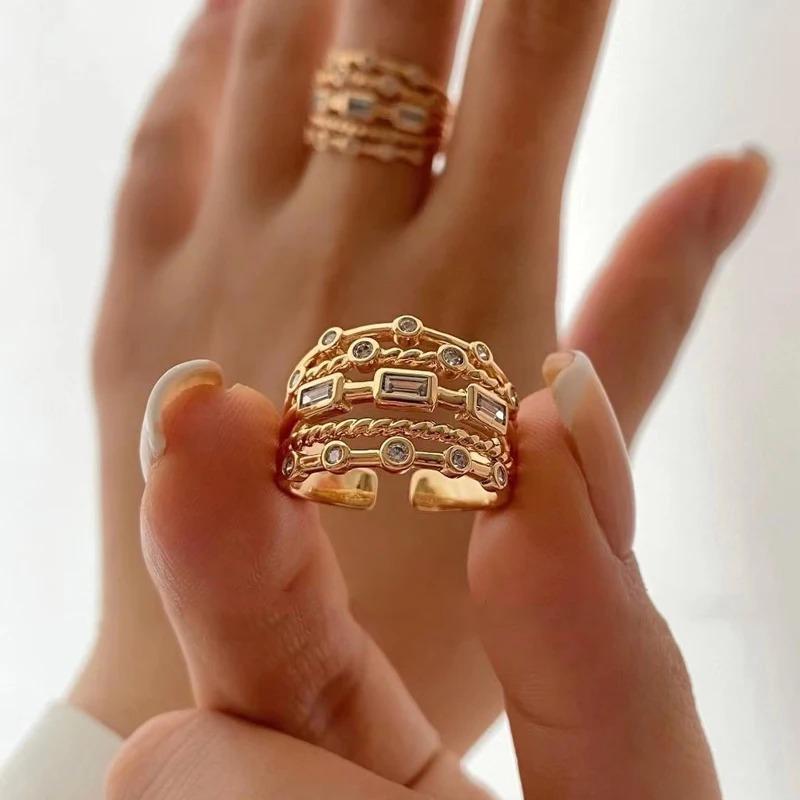 New Stainless Steel 18 K Gold Plated Sun Rings for Women Natural Stone Inlaid in Hollow Metal Texture Ring Trendy Jewelry
