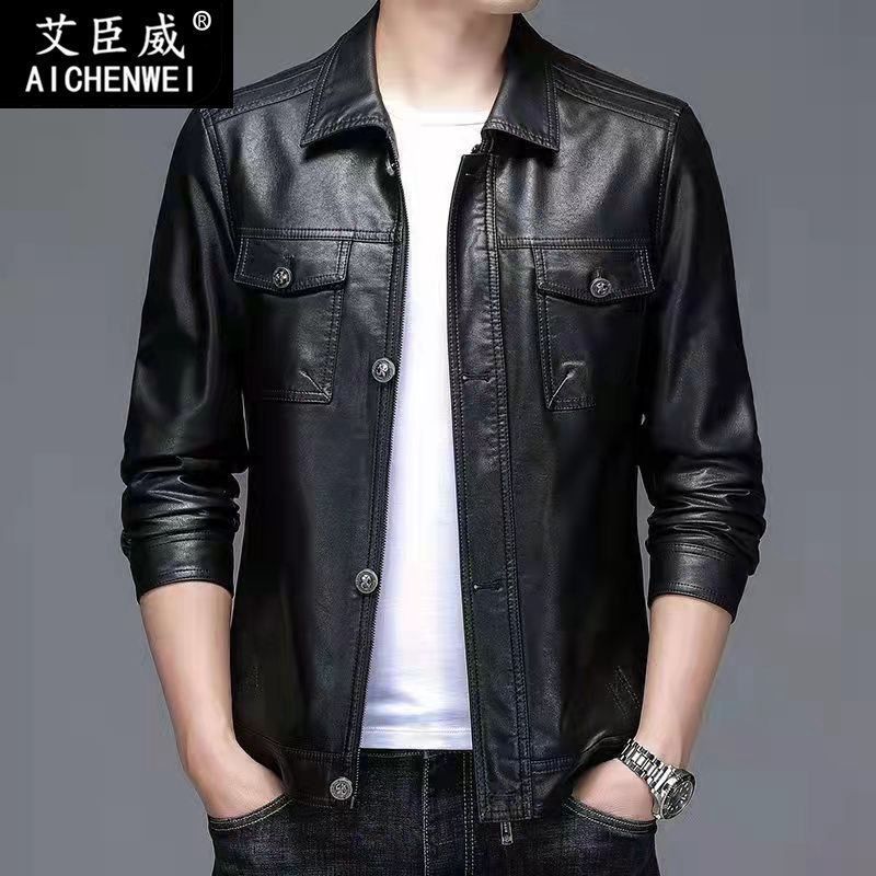 Young and middle-aged leather jacket men's locomotive clothing new loose Haining men's lapel autumn and winter sheepskin pattern leather jacket men