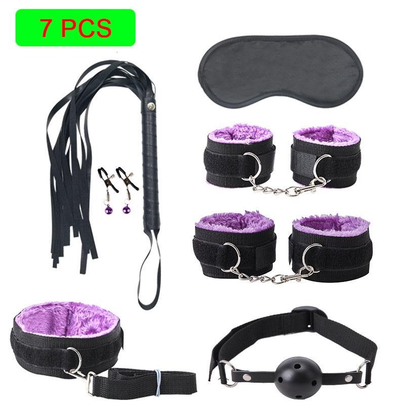 Sexy Nylon BDSM Kits Plush Sex Bondage Set Handcuffs Sex Games Whip Gag Nipple Clamps Sex Toys For Couples Exotic