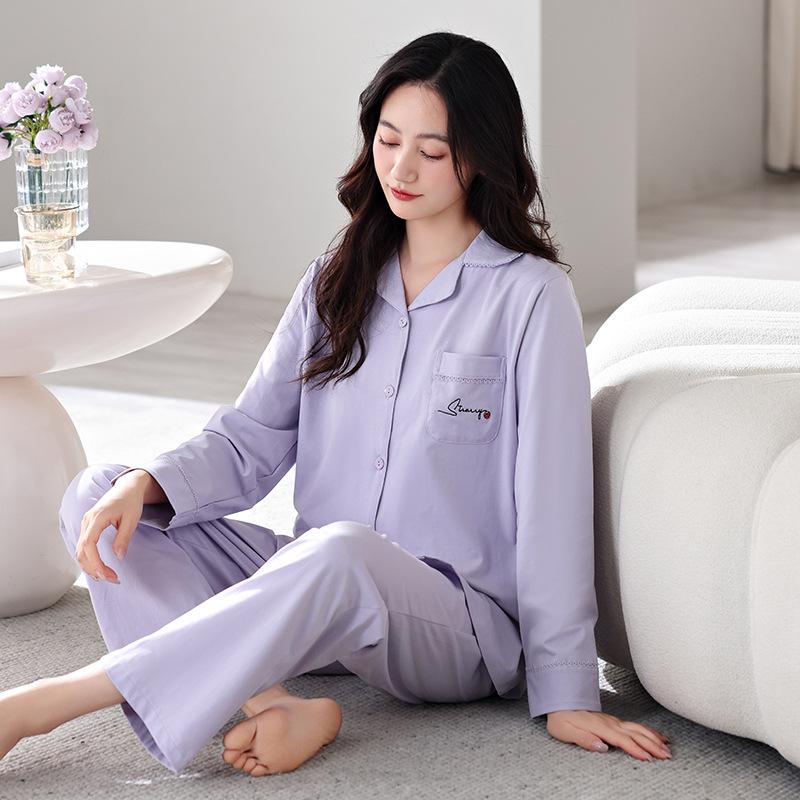 Pull Frame Cotton Pure Cotton Pajamas Women'S Long-Sleeved Simple Outer Wear Loungewear Set
