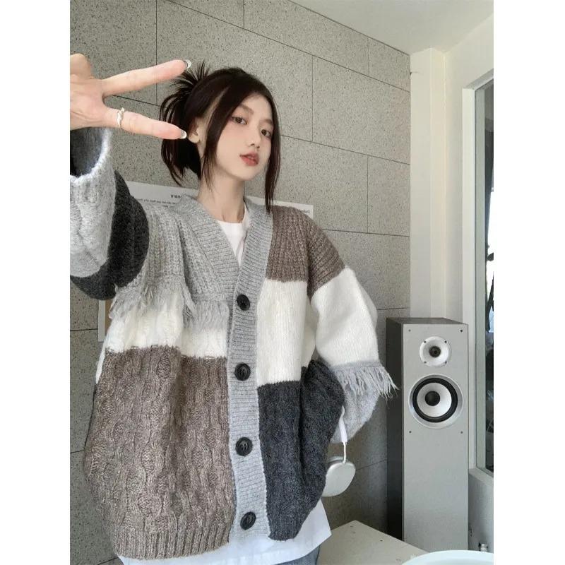 Retro Lazy Style Tassel Knitted Cardigan Jacket Niche Chic Top Sweet Sweater S серый