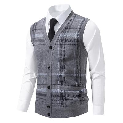 Chaleco de punto sin mangas con cuello en V para hombre Cárdigan de punto abotonado Chaleco geométrico Otoño Invierno Chalecos de punto forrados de forro polar