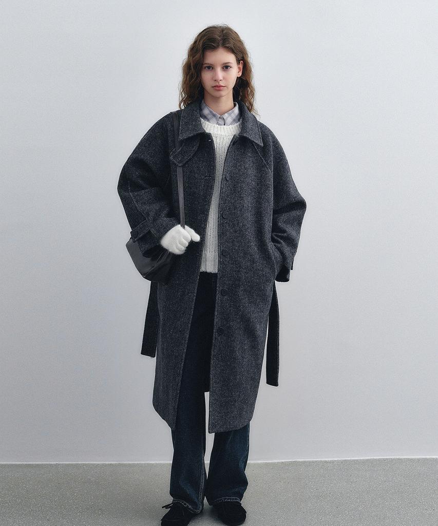 LOEIL Herringbone Wool Long Coat - Charcoal
