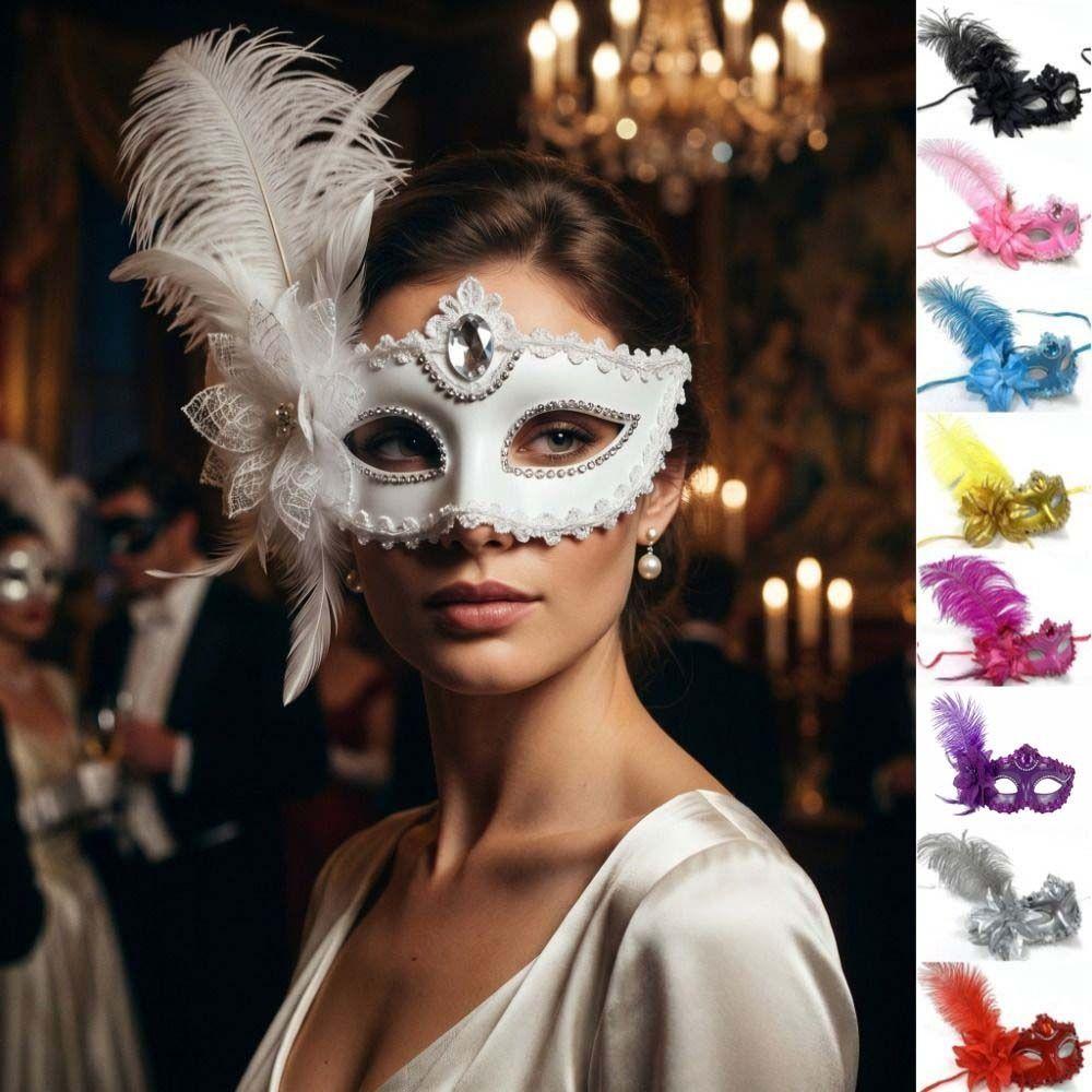 Flower Half-Face Mask Rhinestone Masquerade Ball Mask Fancy Feather Mask Makeup Festival