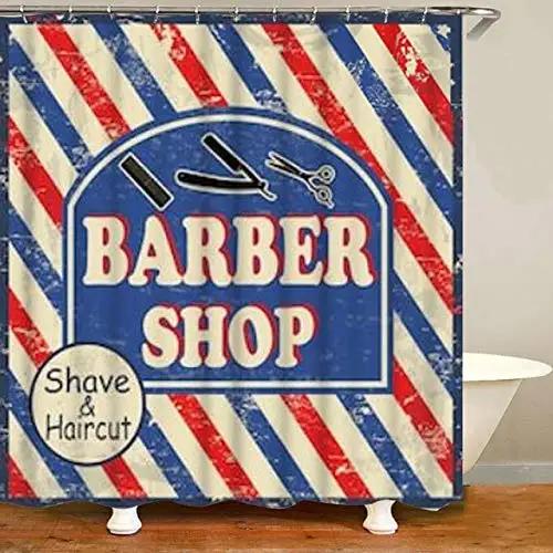 Barbershop Fabric Shower Curtain Set Barber With Tartan Vintage Badge Beard Cut Gentleman Graphic Grooming Screen Bathroom Decor
