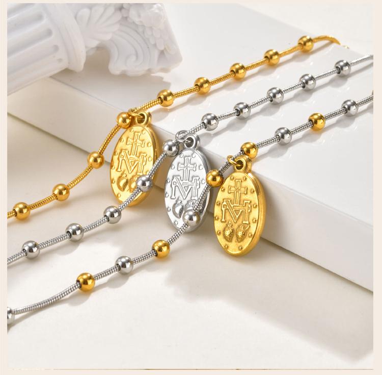 Two Tone Stainless Steel Virgin Mary Bracelet for Women, Rosary Beaded Cross Bracelets, Non Tarnish Religious Jewelry
