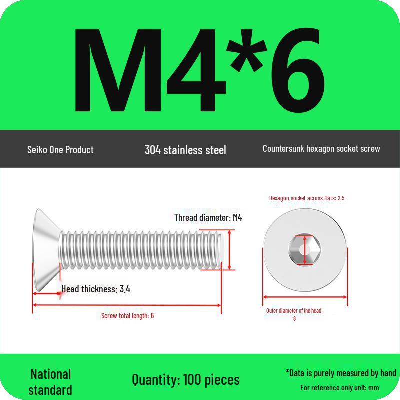 M2-M10 Stainless Steel Flat Head Machine Screws and Bolts Set, Countersunk Hex Socket Cap, 304 Grade.