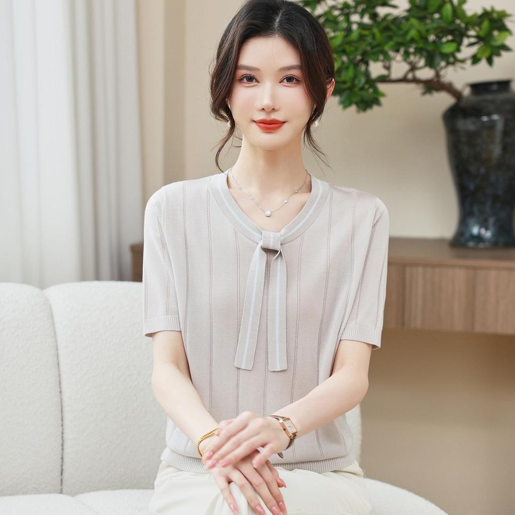 Ice Silk V-Neck Knitted Top - Women's Plus Size Summer 2026 Arrival, Elegant Streamer Design, Age-Reducing, High-End Feel