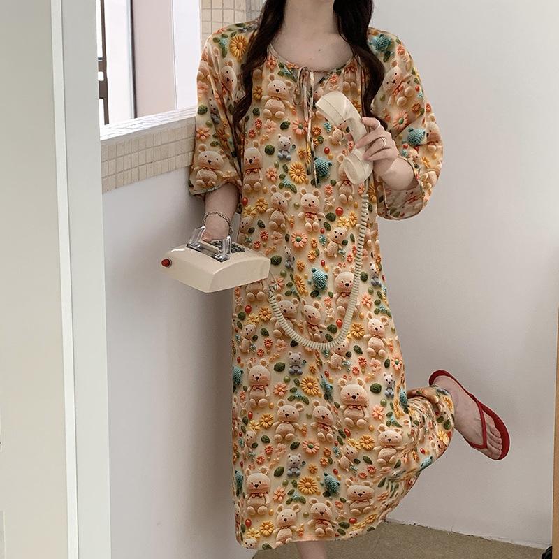1011 new cotton and silk nightdress women's summer short-sleeved pajamas cartoon pony element long loose cotton silk skirt can be worn outside