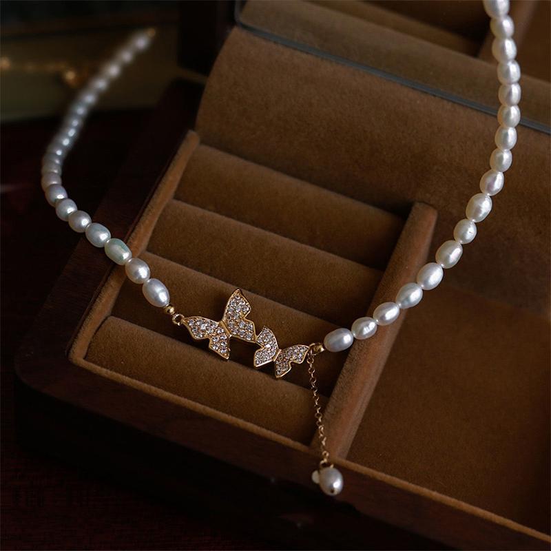Elegant Shiny Zircon Butterfly Pearl Pendant Choker Necklace For Girls Women Female Adjustable New Fashion Jewelry 1PC