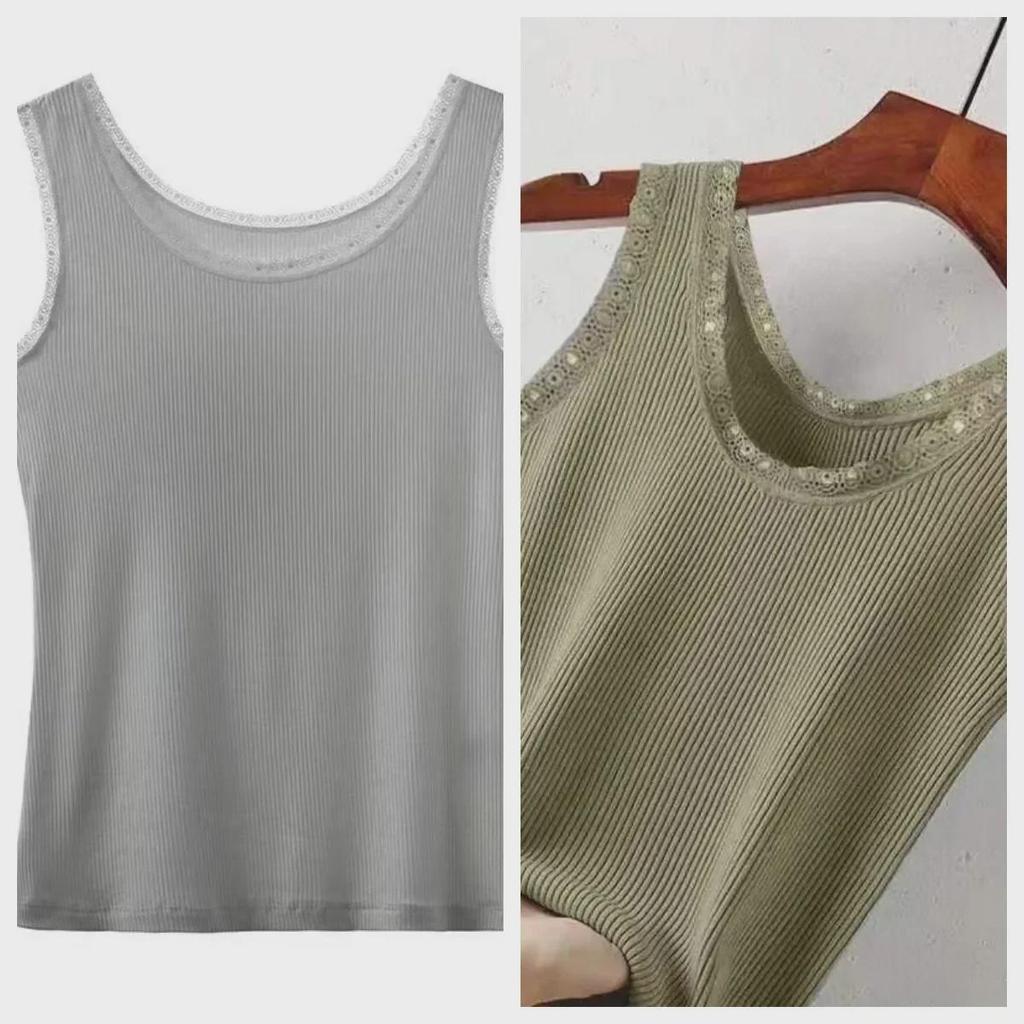 Damen Modal Geripptes Tanktop mit breiten Trägern und Spitzenbesatz - Frühling/Sommer Übergröße Lockere Passform