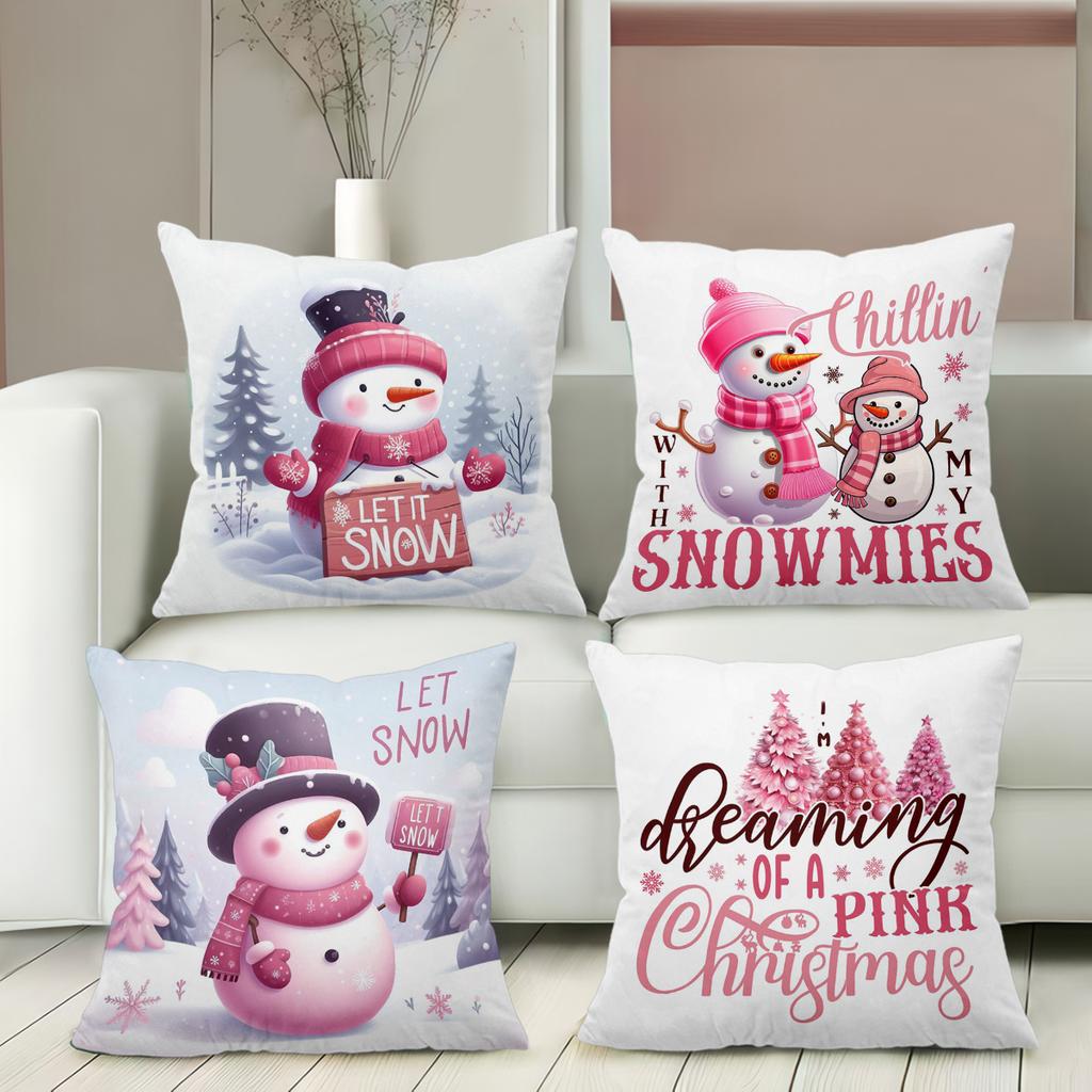 Pink Christmas Snowmen Pillows Let Snow Chill Snowmies Polyester Pillowcase, Sofa Decorative Cushion Cov Headboard Pillow