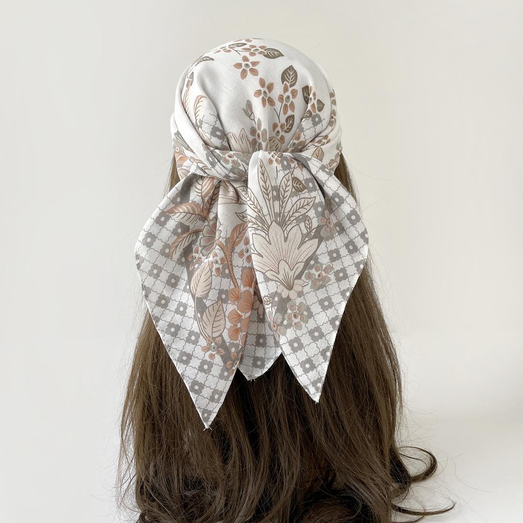 Light Luxury Retro Flower Printing Silk Hair Soft Feel Headscarf Scarf Silk Scarf Spring and Autumn Women Chinese Square Scarf