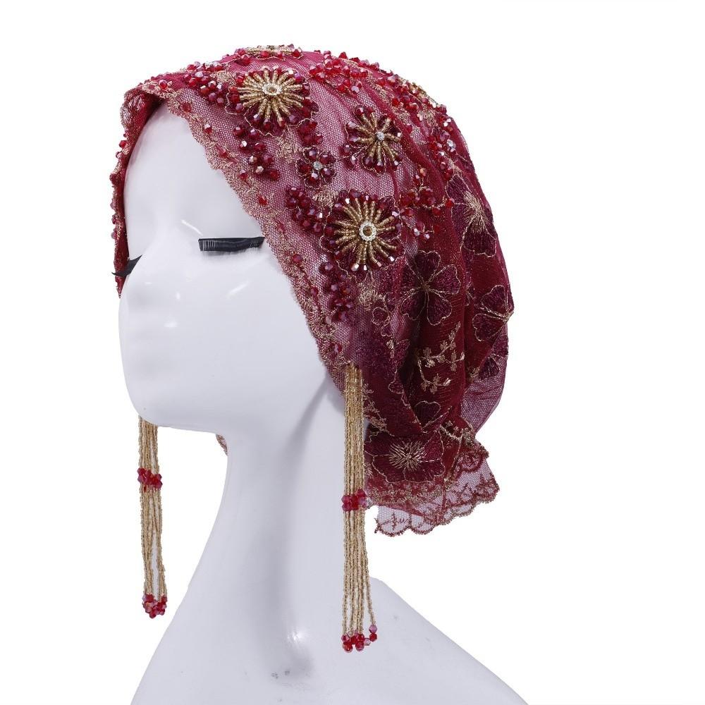 Long Tassel Fishtail Cap Shiny Beads Beaded Bonnet Ethnic Headwear Turban Hat Ethnic Festival красный